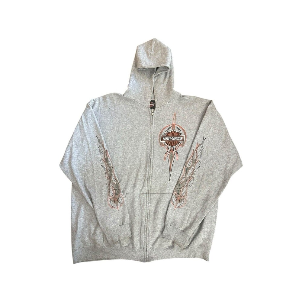 Rare Harley Davidson Flame Sleeve Hit Graphic FullZip Hoodie Skull Wings Grunge